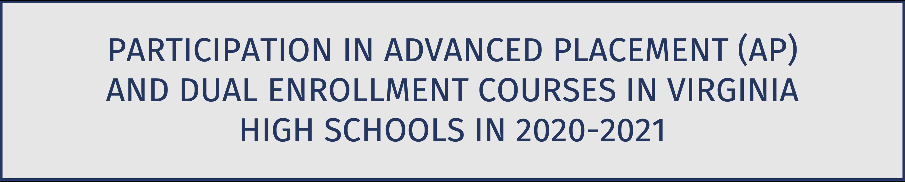 Blue banner for dashboard depicting AP and Dual Enrollment participation in Virginia high schools 2020-2021